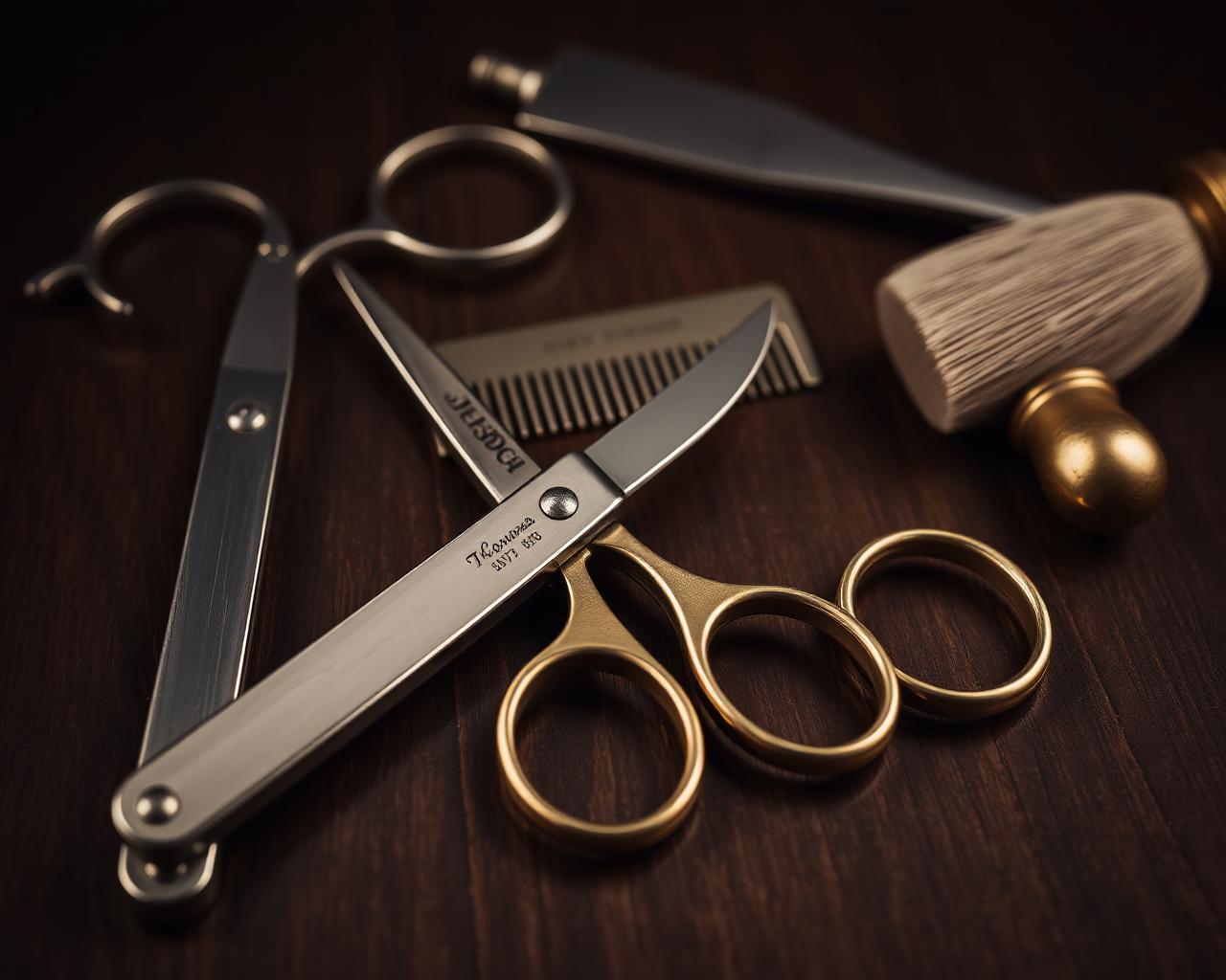 Barber tools on dark wood